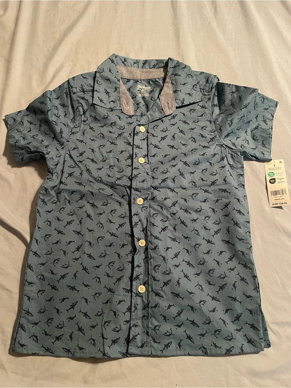 OshKosh B'gosh Light Blue Short Sleeve Shark Print Button-Up Shirt